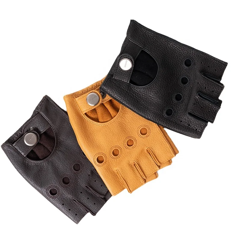 ZF5838 Custom Genuine Deerskin Fingerless Leather Motorcycle Driving Gloves