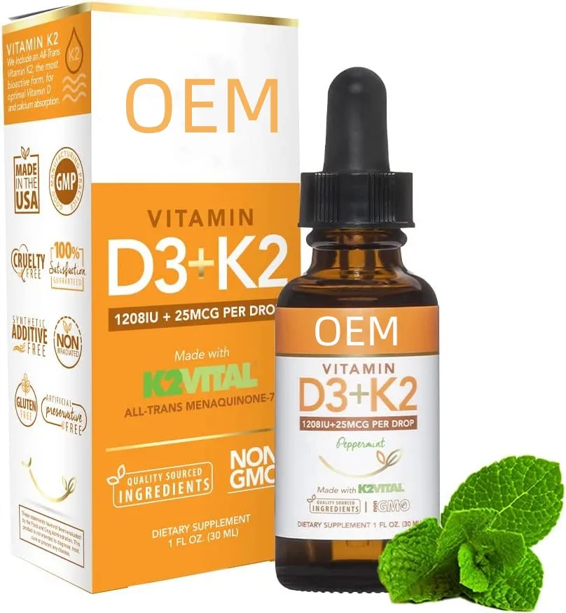 Hot sale OEM All Natural, Non GMO, 1208IU D3 and 25mcg K2 (MK7) Per Serving, Support Your Bones Vitamin D3 with K2  Liquid Drops