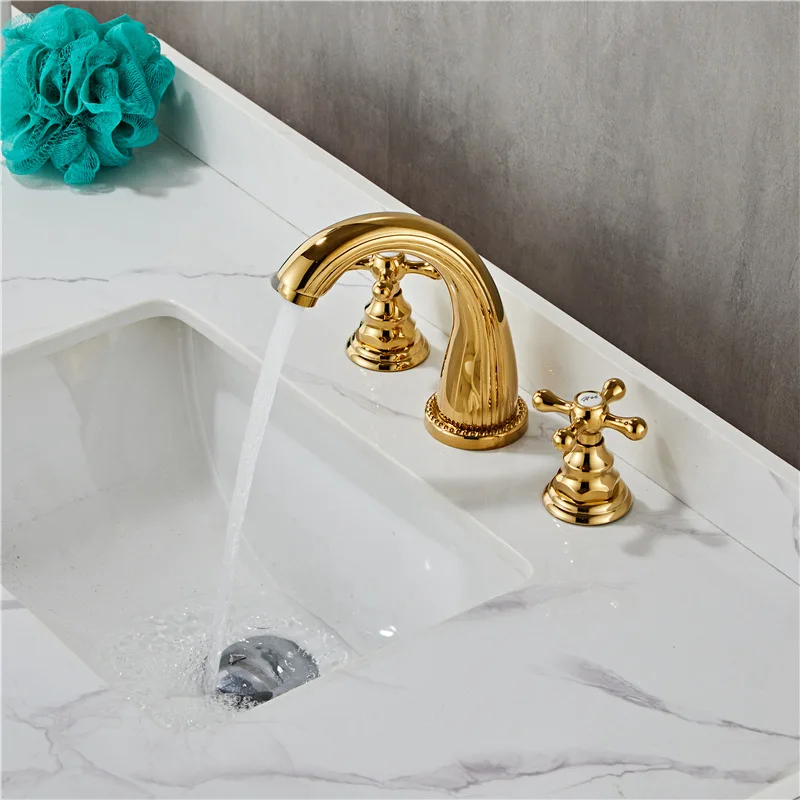 Modern Fashion Gold Basin Hot And Cold Water Faucet Three Holes Bathroom Wash Basin Faucet Three-piece set CF968