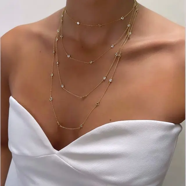 925 Sterling Silver CZ Station Chain Necklace 45cm 85cm 102cm One Double Triple Row Fashion Fine Women Jewelry
