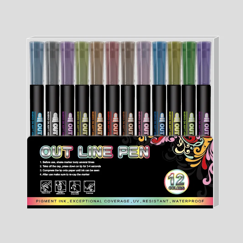 Bview Art Metallic Color Double Line Outline Marker Set 12 color outline metal marker Flashing Glitter pen