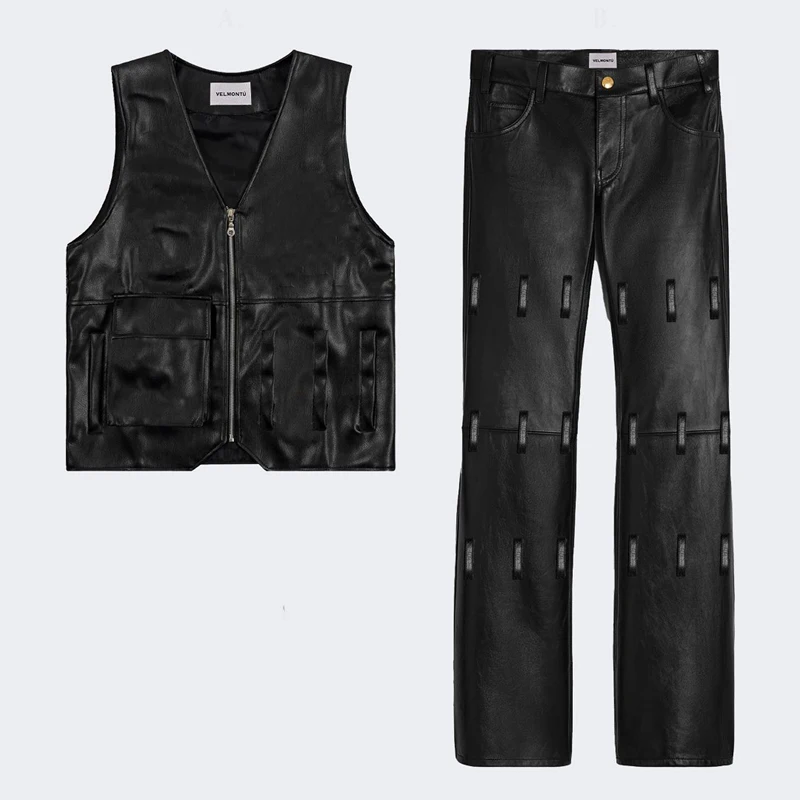 Custom Logo Leather Set Black Men Pockets Zip Up Overalls Mens 2 Piece Leather Set Shirt And Pants Set