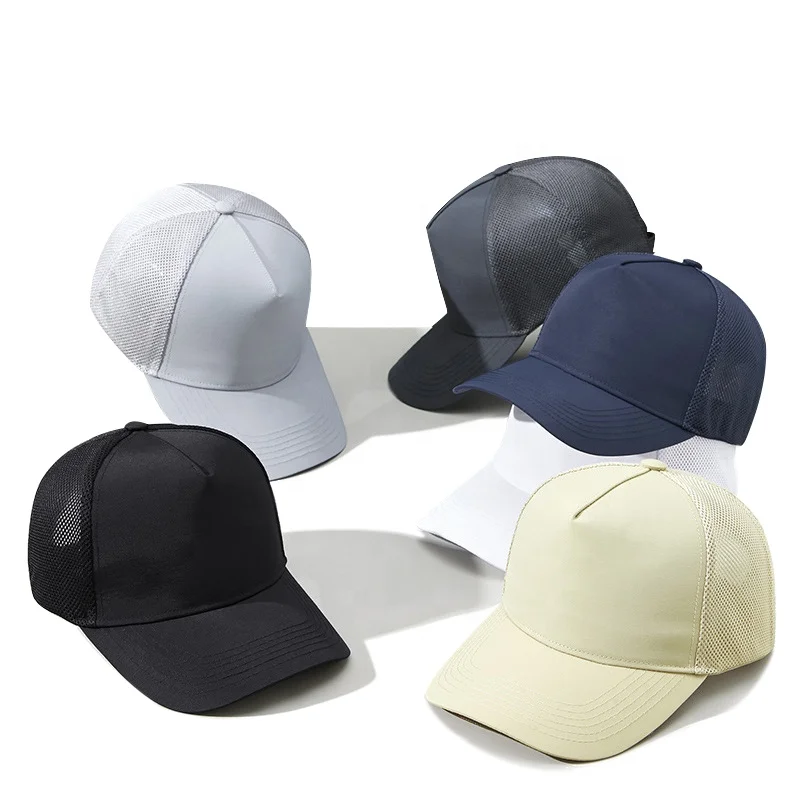 Curved Brim Mesh Snap Back Sports Hats 5 Panel Baseball Cap Unisex Blank Mesh Back Trucker Hats with Embroidered Custom Logo