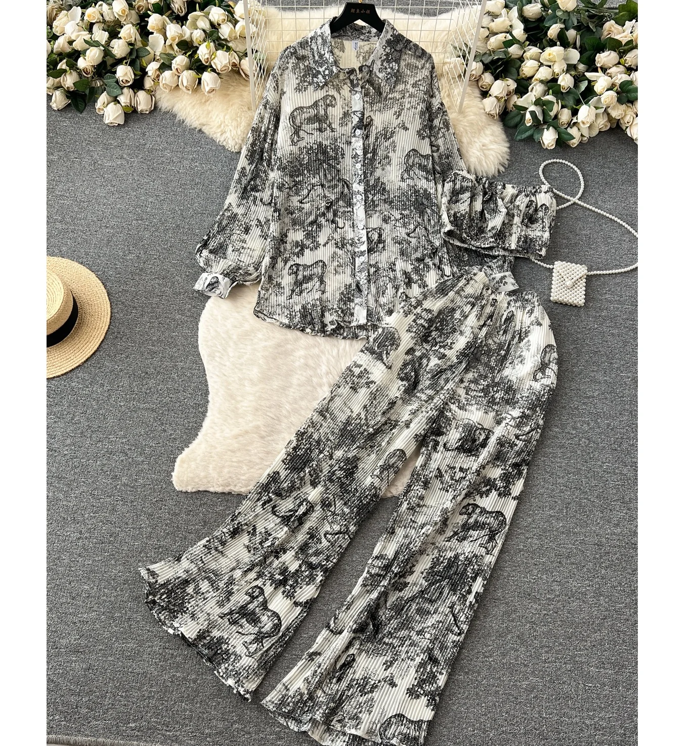 Fashion Suit Women Spring And Summer Loose Pressed Pleated Shirt Smocked High Waist Trousers 3 Pieces