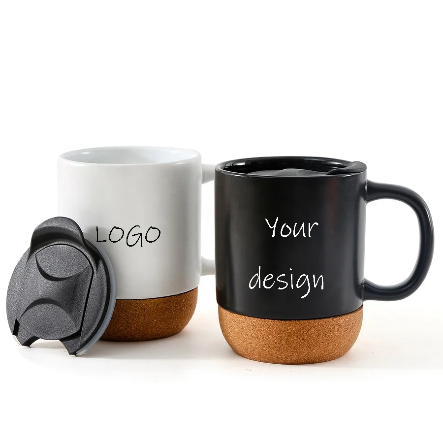 Custom Logo White Ceramic Coffee Mug with Cork Bottom and Spill proof Lid