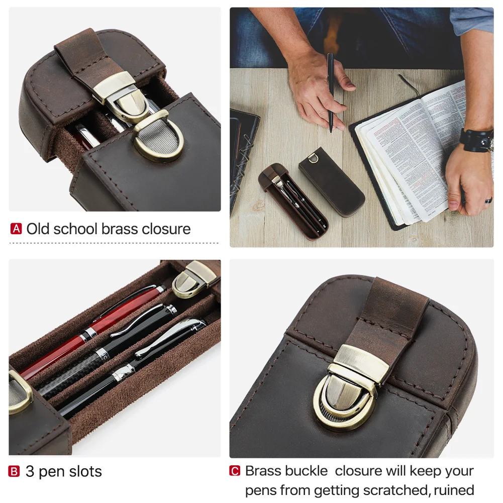Portable Handmade Fountain Pen Storage Box 3 Slots Premium Leather Hard Pen Case with Removable Tray Holder CF9067