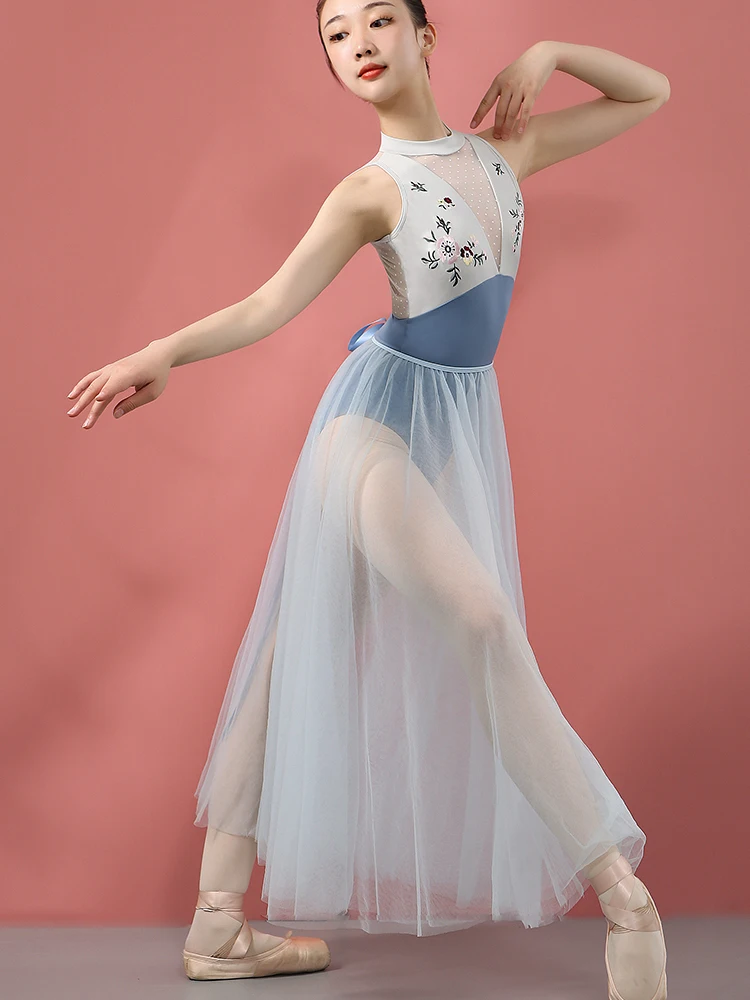 High Neck Collar Floral Embroidery Tank Leotards For Girls Sleeveless Bodysuit For Ballet Training Dancewear