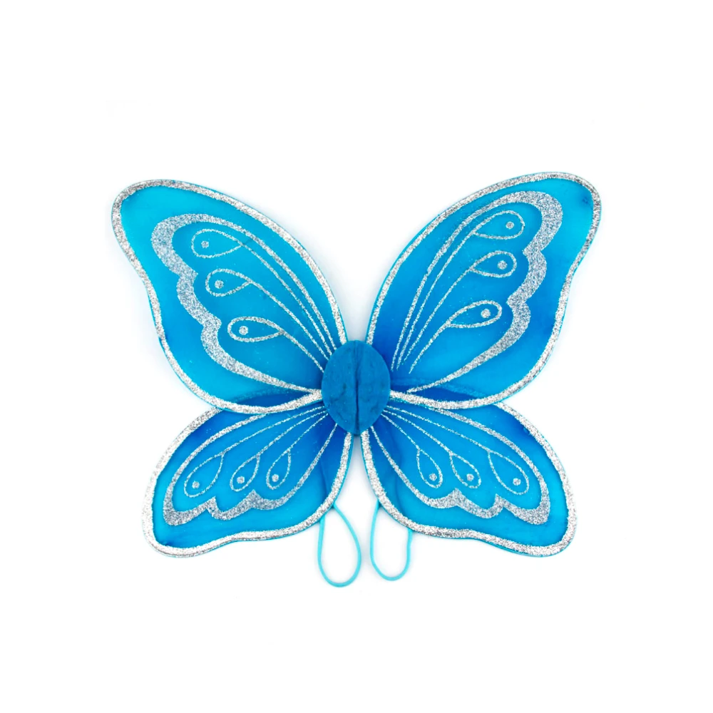Blue Polyester Wings Halloween Party Carnival Kids Costume Nylon Fabric Silver Glitter Butterfly Fairy Wings