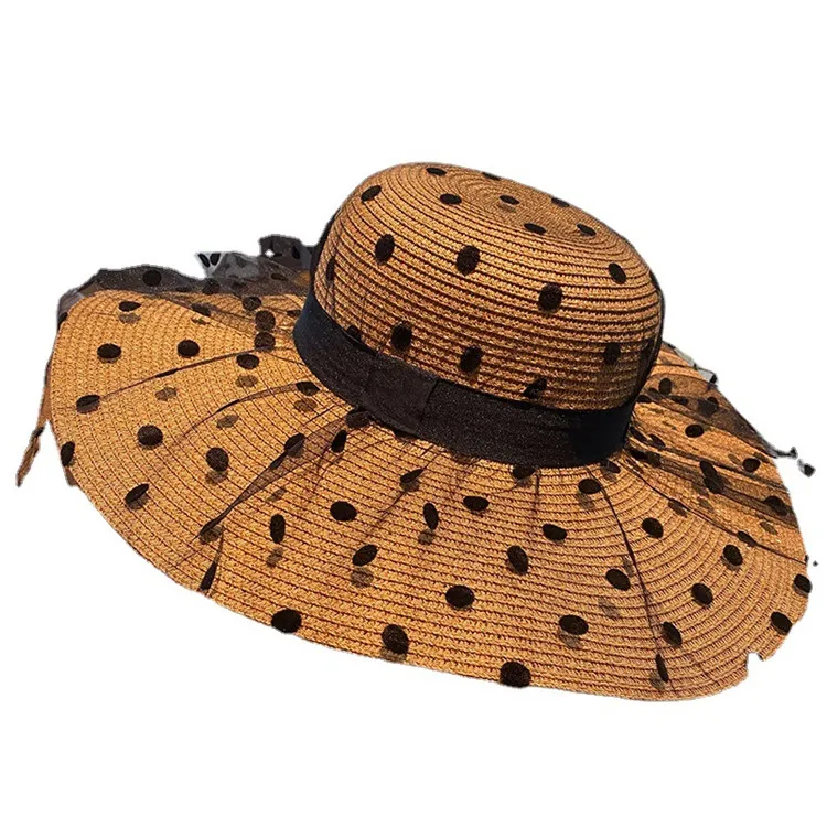 Elegant Outdoor Face Cover Sunshade Wide Brim Sun Hat Lace Beach Straw Hats
