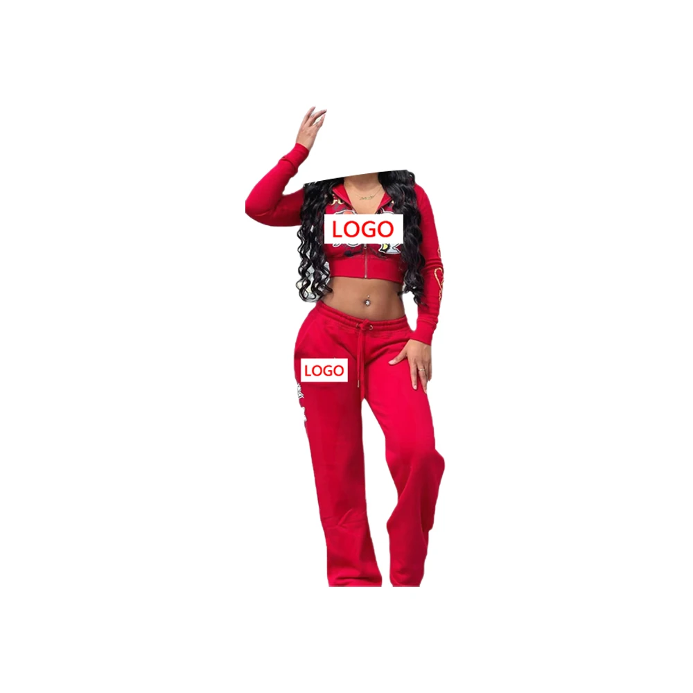 2023 Casual Sporty Women OEMTracksuit 2 Piece Set Zip Hooded Crop Tops+leggings Graphic Matching Streetwear Suit