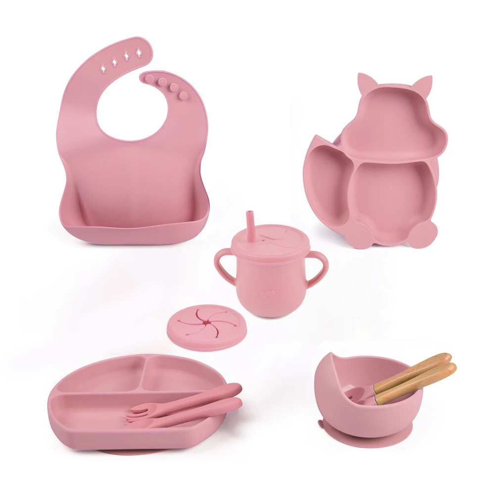 ECO Choose Silicone Feeding Supplies Products Set Baby Silicone Food Dish Bowl Feeder Bibs Plate Spoon Fork Drinking Straw Cup