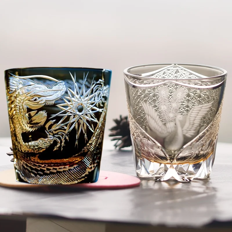 Set Of hand Engraved Peacock, phoenix, dragon design whiskey glass tumbler japanese edo kiriko style rocks glass in gift box