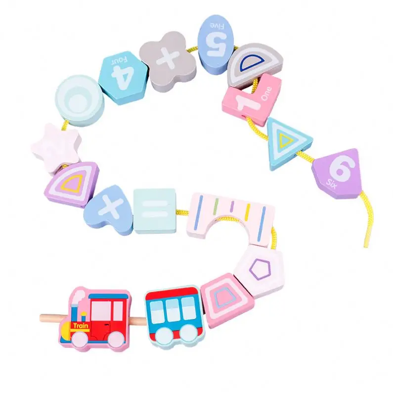 New Design Wooden Learning Baby Toys Colorful Number Stringing Threading Train Digital Beading Math Montessori