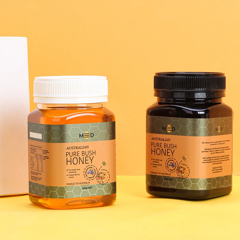 Food grade transparent amber black 360ml/500g pcr rpet pet plastic square honey jar with tamper proof cap honey bottle