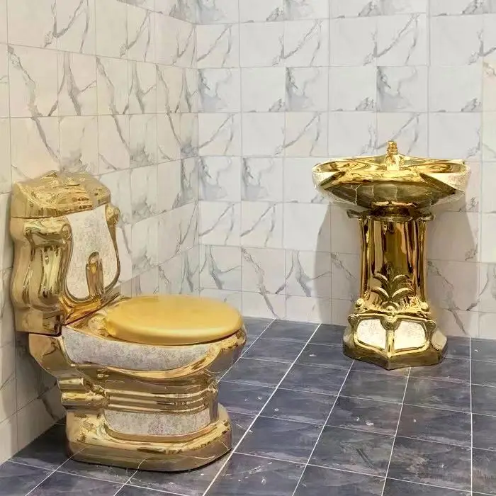 Hot Selling Luxury Design Ceramic Plating Gold Color Bathroom Toilet Bowl Set