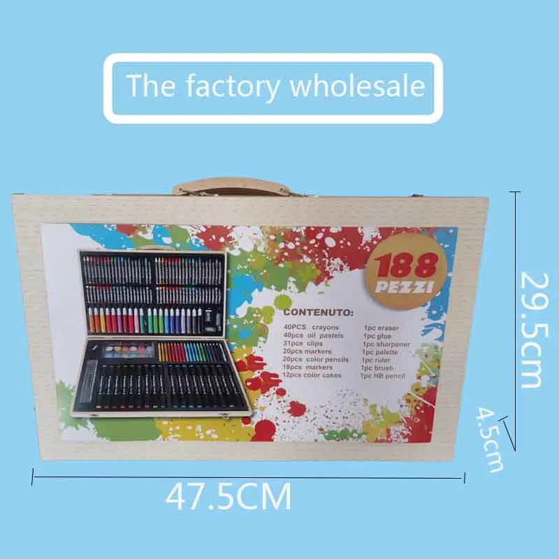Deluxe Kids Gift Stationery Drawing Set 188pcs Wood Box Portable with marker pen Creativity Painting Art Set