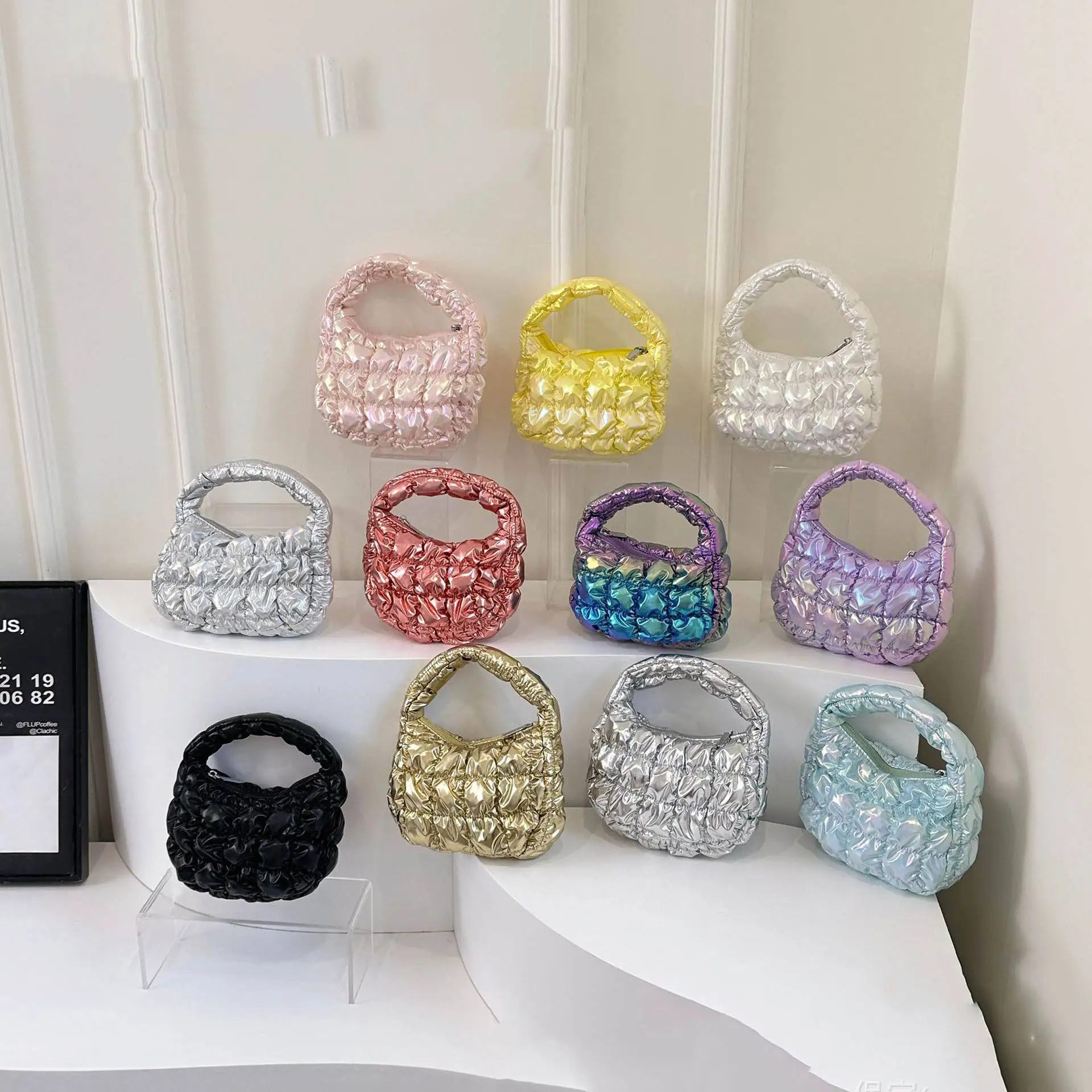 2024 Shining Candy Color Padded Purse Underarm Shoulder Bag Lightweight Pleated Closure Bubble Quilted Puffy Handbag