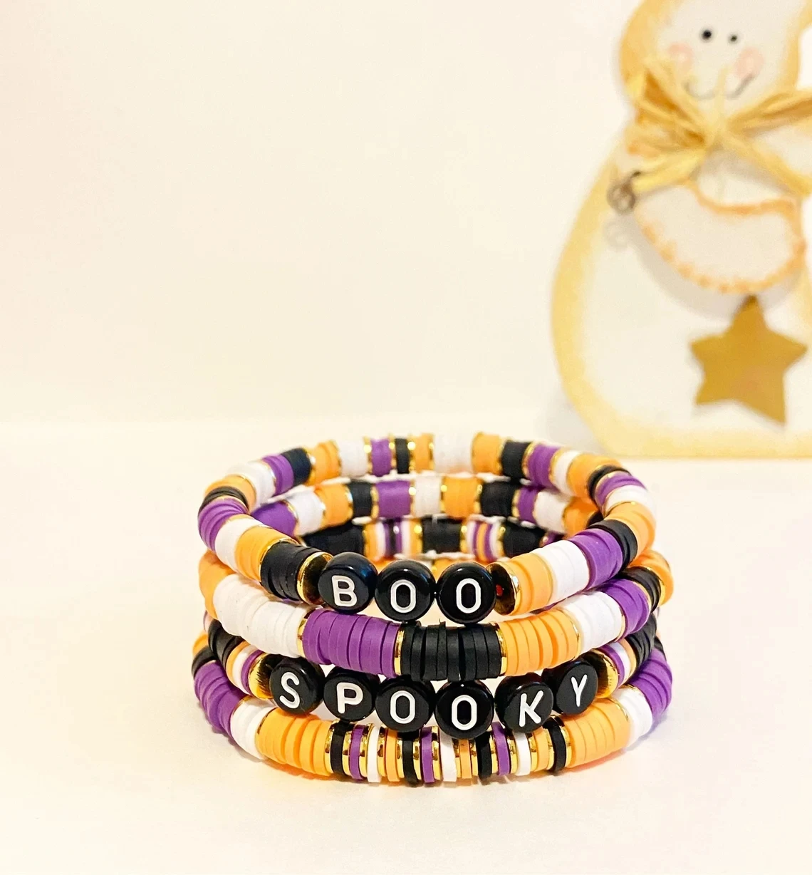 Halloween Bracelet Polymer Clay Boo Disc Bracelet Custom Name Stack Bracelet gift