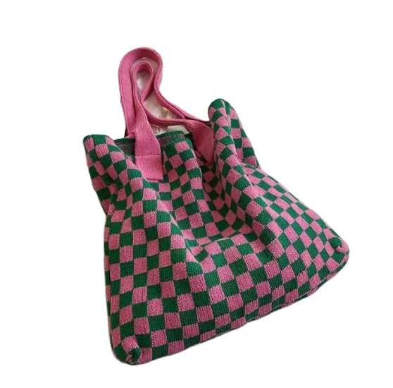 Hot Selling In-stock Pink Jacquard and Hand Crochet Plaid Colorful Tote Bag 100% Polyester Material