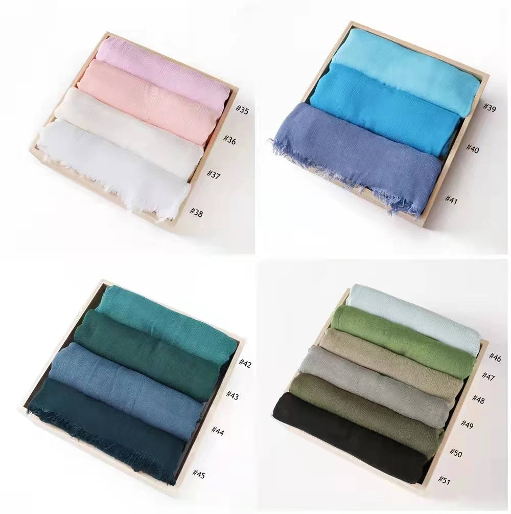 2021 ribbed design  customized hijabs long scarf small crinkle solid color soft feeling rayon pleated hijab