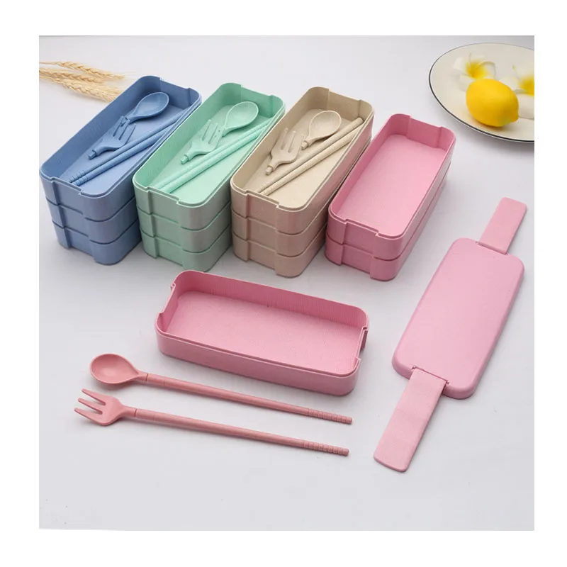 BPA Free Kids & Adults Wheat Straw Three-layer Leak-Proof Bento Lunch Box with Detachable Spoon and Fork Dishwasher Safe