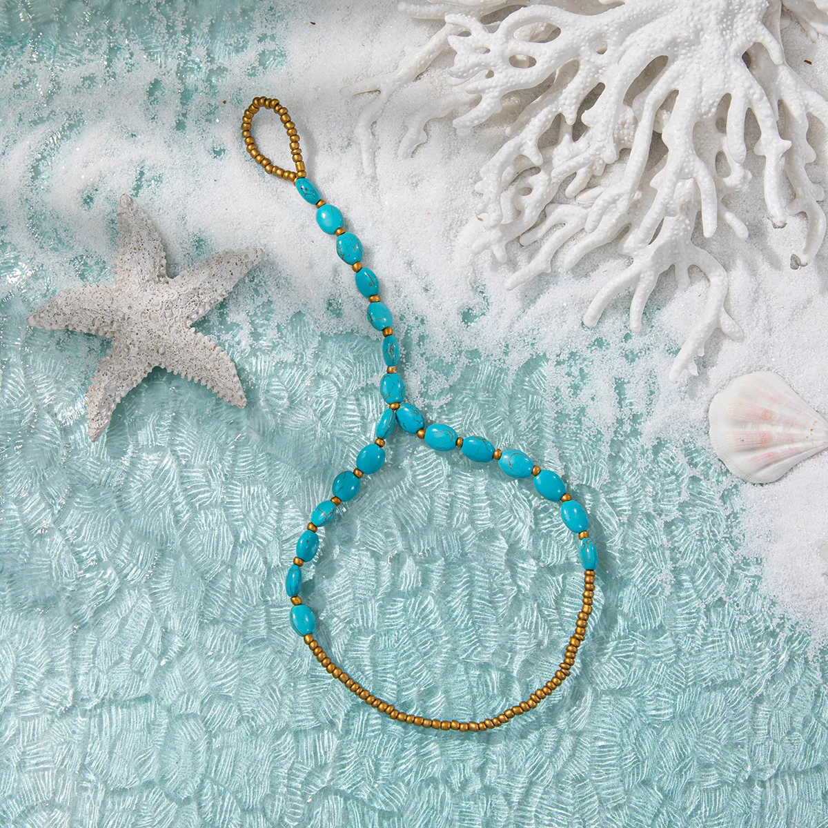 Bohemian Summer Holiday Handmade Faux Turquoise Rice Beads Beach Ankle Bracelet with Fingers