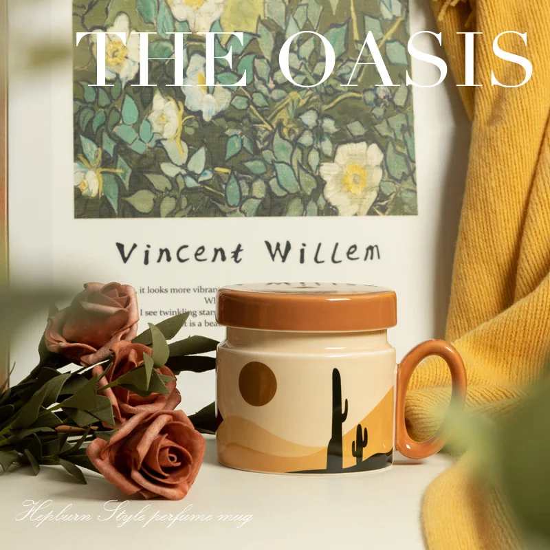 Oasis Series Korean Style Ceramic Coffee Cup with Lid Dustproof for Breakfast Milk High Aesthetic Office Mug