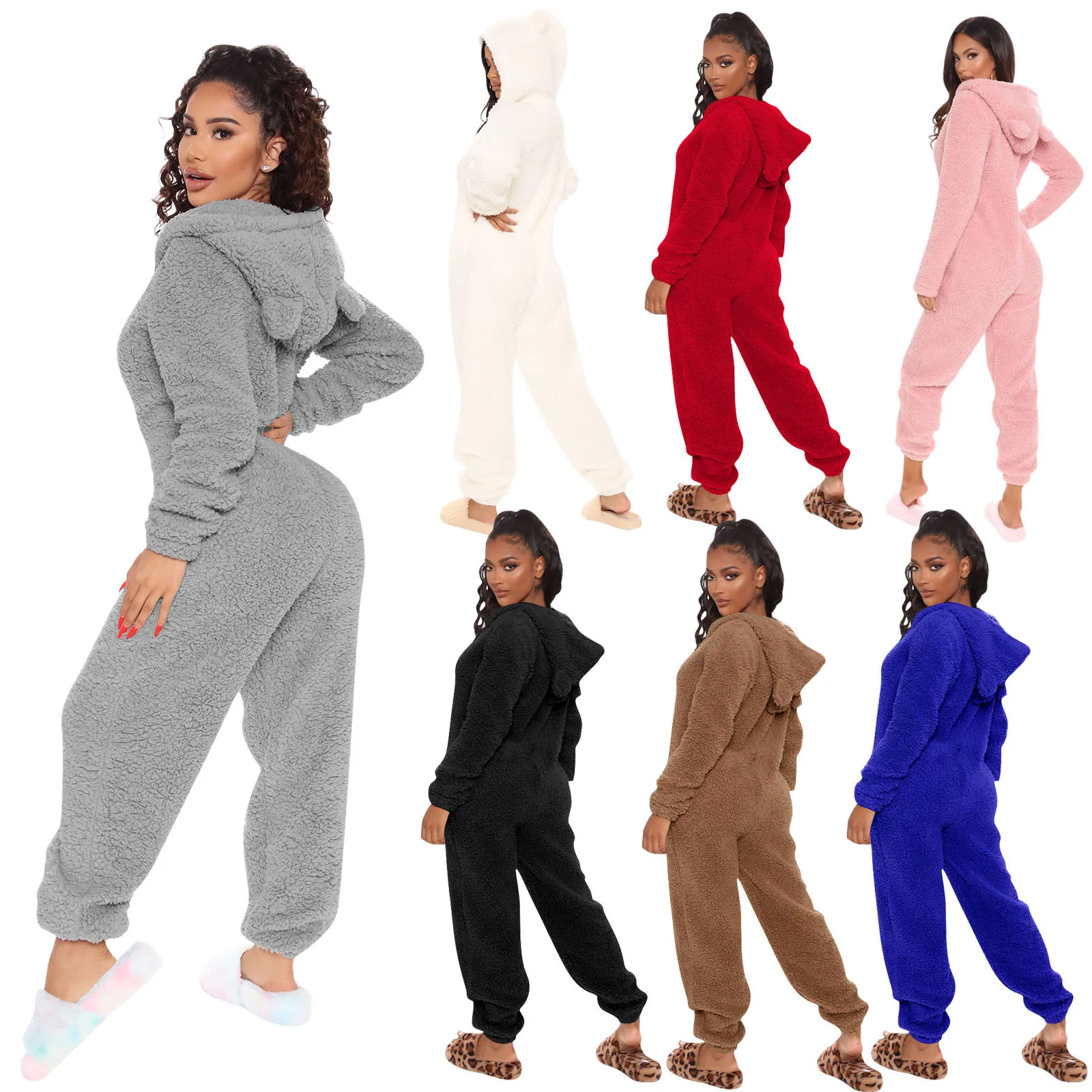 Winter Warm Long Sleeve Hooded Casual Pajamas Jumpsuit Plush Clothing Cute Women Leisure Wear