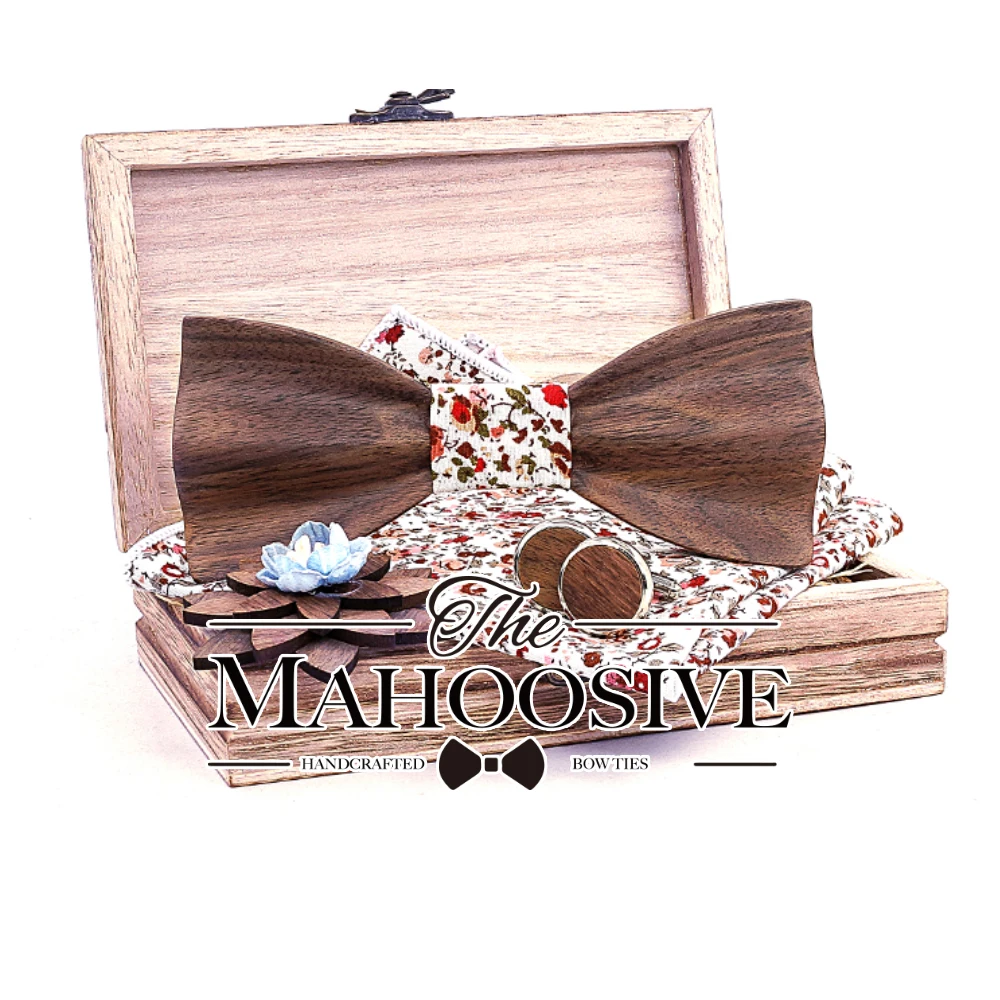 Wooden Bow Tie Set Cufflinks Handkerchief Bowtie Men Necktie Black Walnut Homme Papillon T246