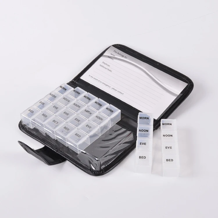 28 Compartments Weekly Monthly Am Pm Medicine Storage Manufacturer Directly Sale rainbow 7 Colors Pill Box with PU Bag