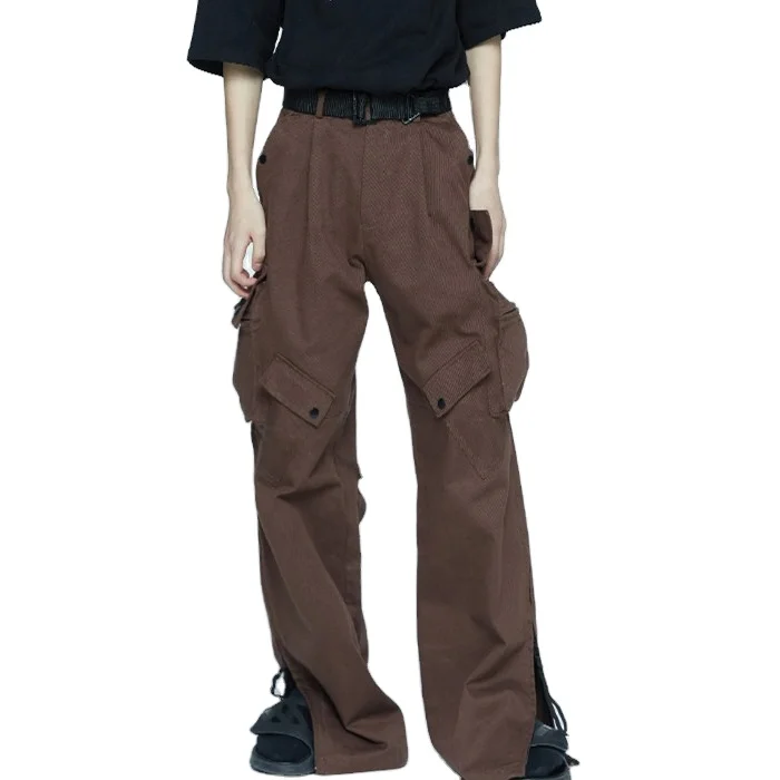 OEM latest unique design multi pocket cotton twill pants street wear side zipper slit flare wide leg cargo pants for men