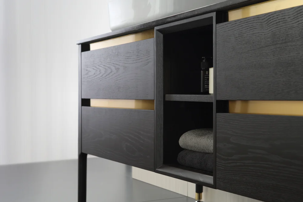 Double sink bathroom vanity with gold hardware