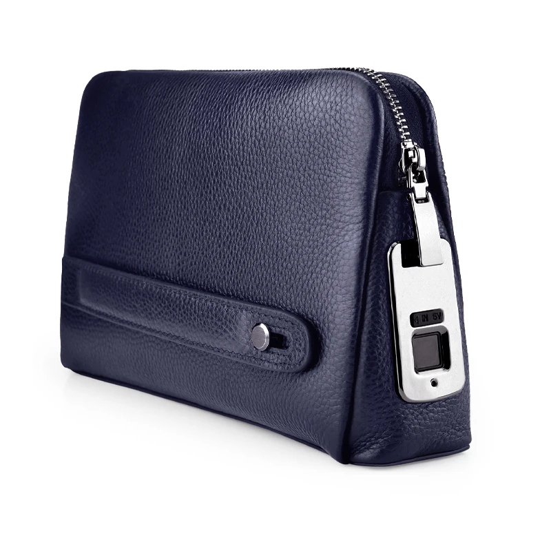 Fipilock smart mens purse wallet clutch bag waterproof cow genuine leather anti theft fingerprint lock handbag