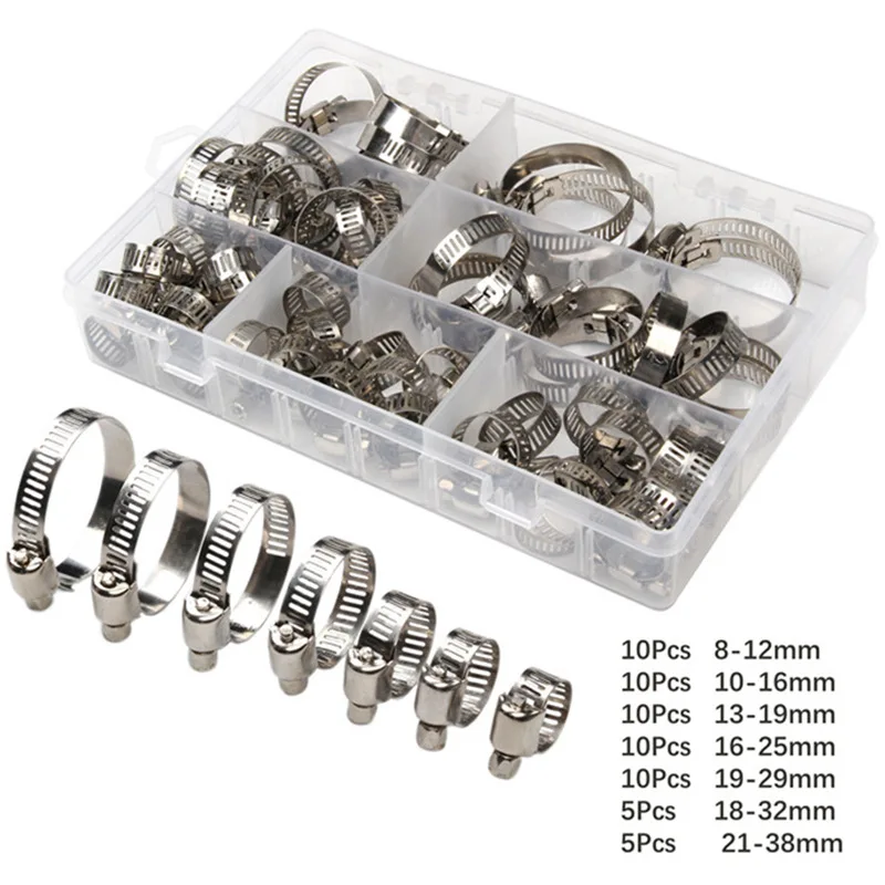 60pcs Kit 201/304/316 Steel Single Ear Hose Clamps Assortment Kit Pipe Fixing Clamps With 7 Different Sizes