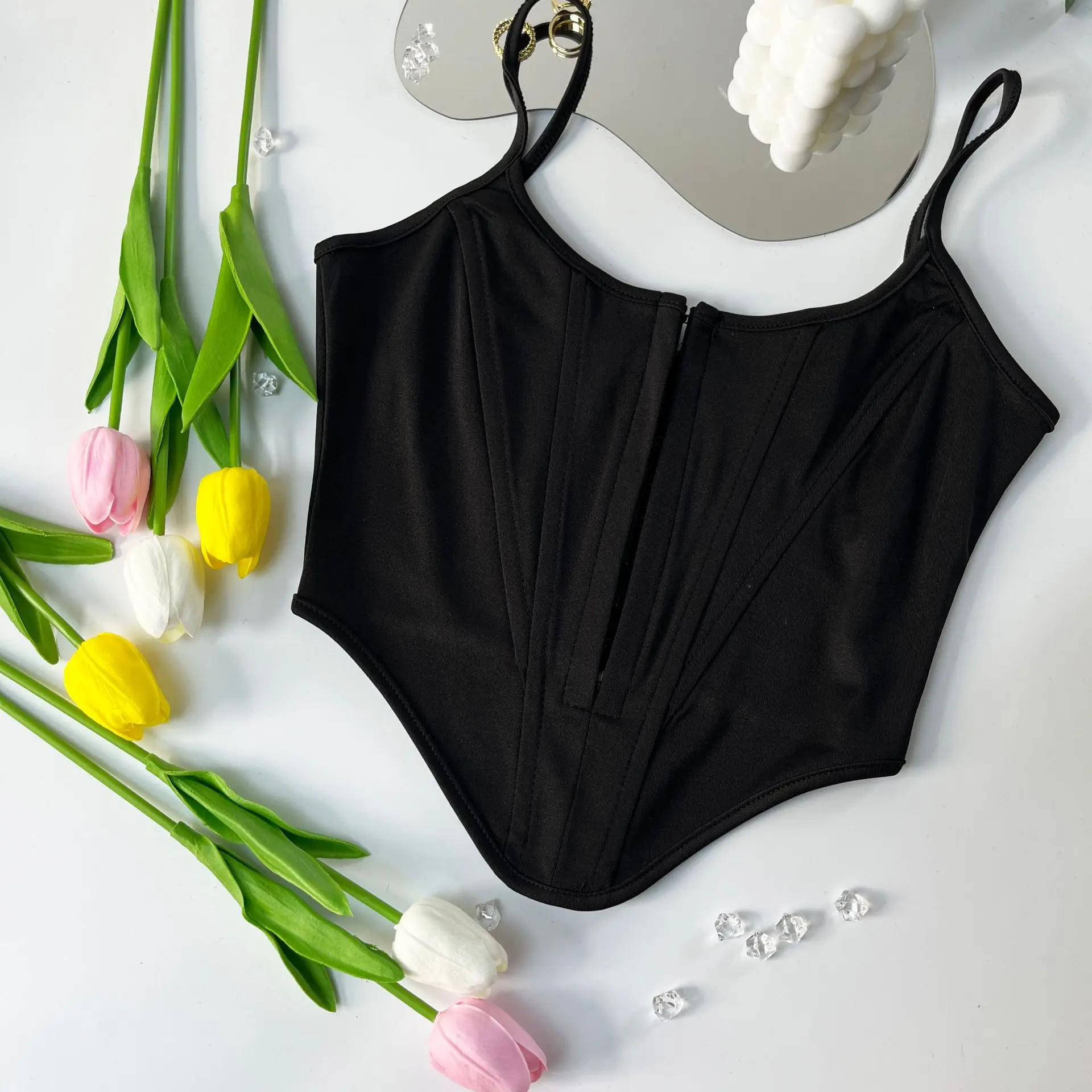 New Fashion Sexy Off Shoulder Slim Color Crop Top Spaghetti Straps Sleeveless Tops Square Neck Single-breasted Bustier Top