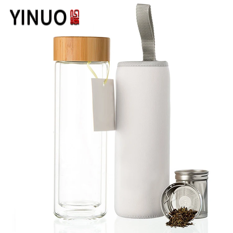 custom borosil glass fruit tea water bottle with tea infuser and wood lid