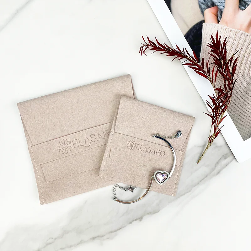 Custom Low MOQ Luxury Fold Small Suede Velvet Gift Envelop Pouch with Leather Drawstring Fashion Jewelry Bag