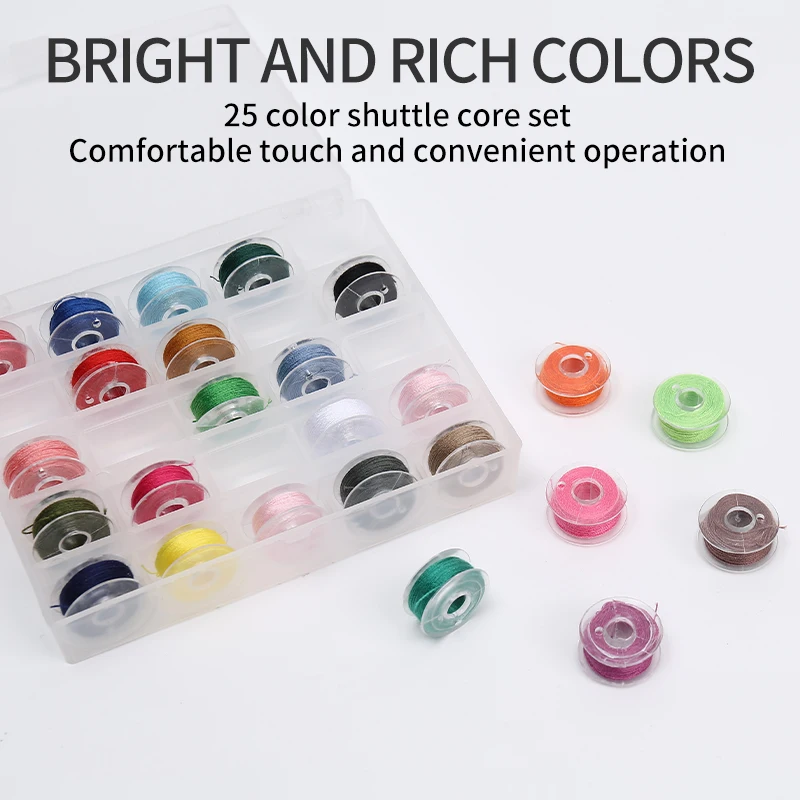 JP Plastic Spools With 25 Colors Dacron Threads Sewing Thread Bobbins For Sewing Machine Shuttle Core Set