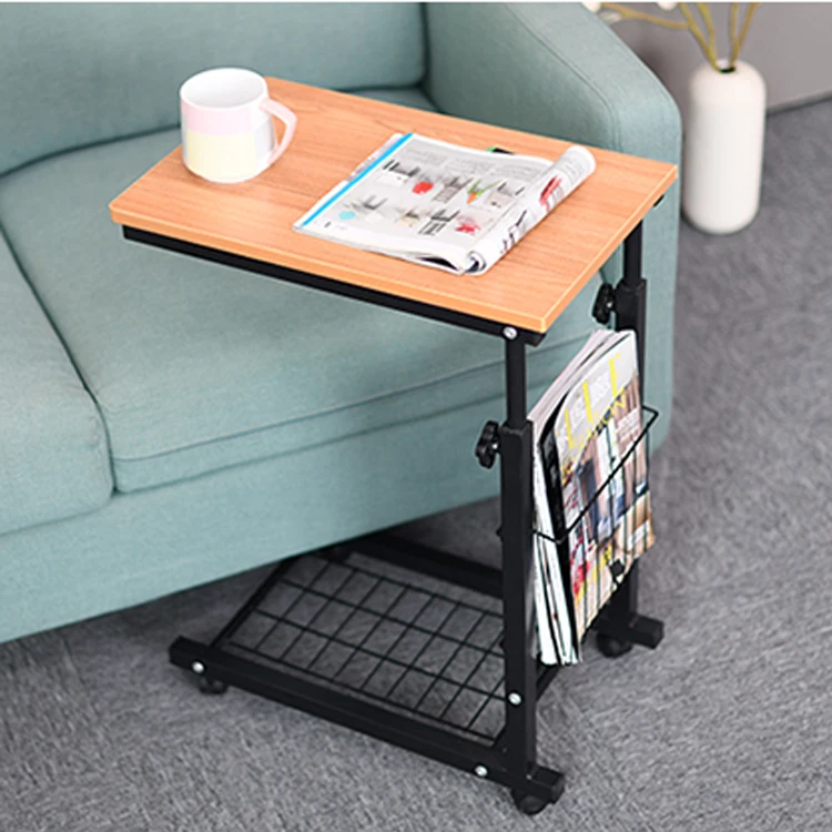 
Sofa Side Table adjustable Castor Wooden Top Metal Base for Living Room 