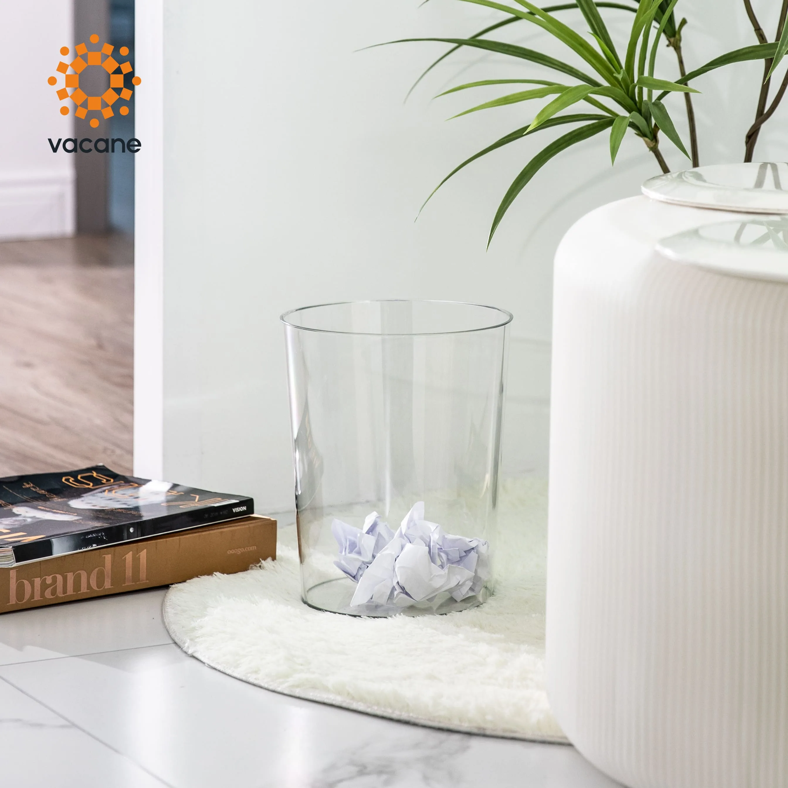 Vacane Stylish Transparent Kitchen Bathroom Round 10L Waste Bin Minimalist PET Plastic Trash Can Garbage Storage Bucket