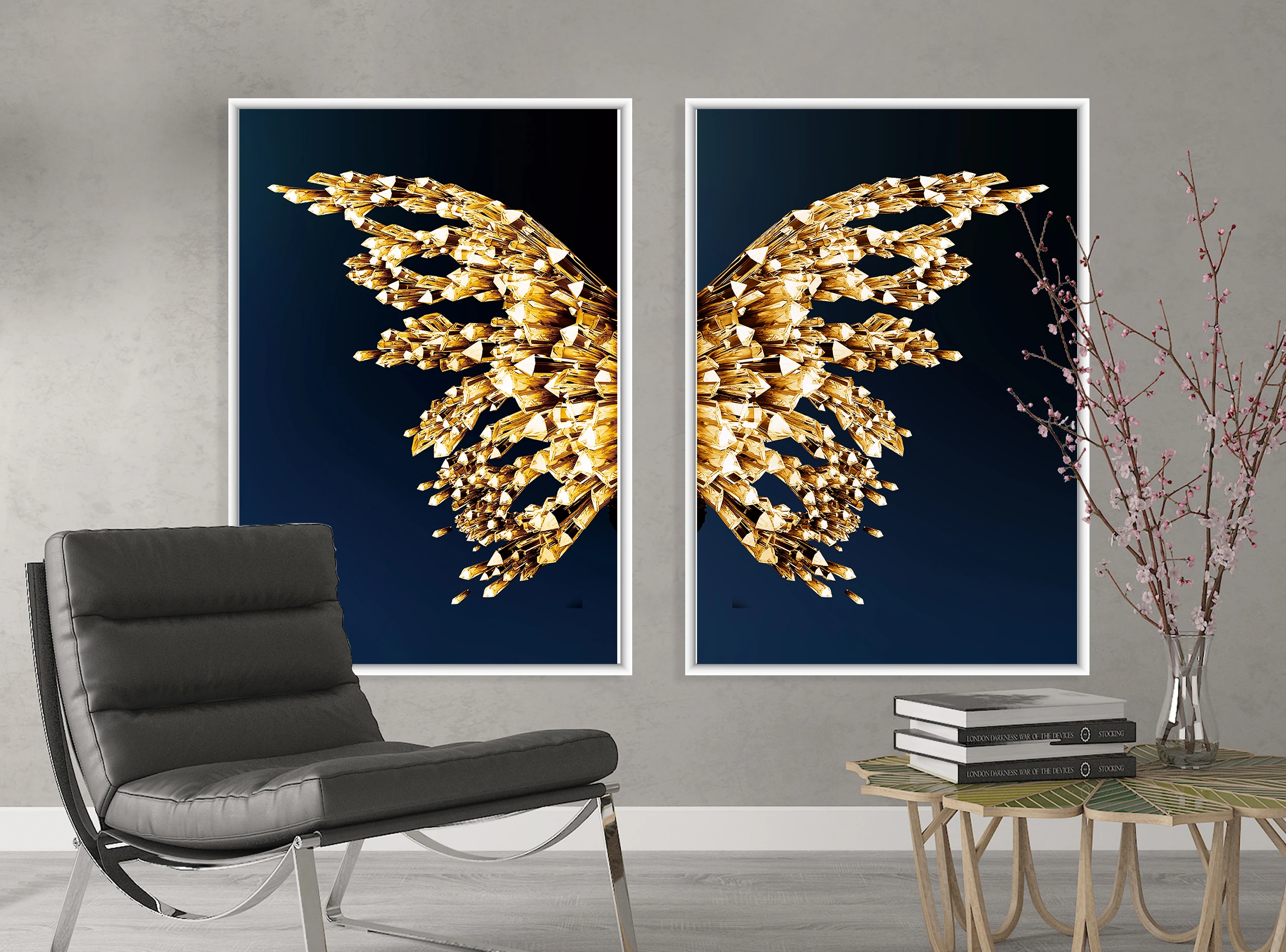 2 panels canvas art print gold butterfly wall painting  for  dinning room home hotel cafe decoration
