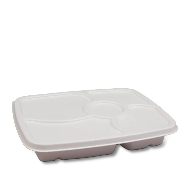 Functional 5 Compartments Food Tray Canteen Restaurant Serving Food Sugarcane Container