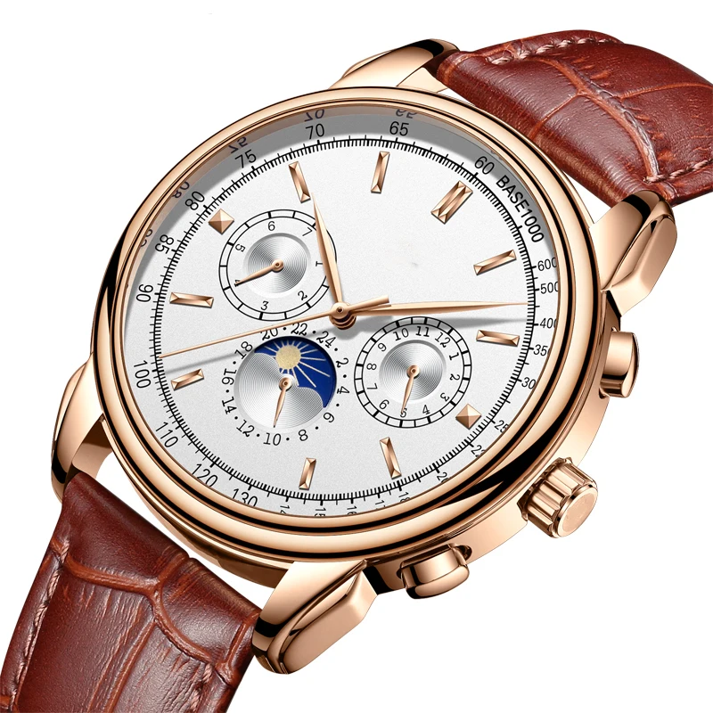 Brilliant blue light mirror with gorgeous stripes life waterproof leather strap fully automatic movement watch
