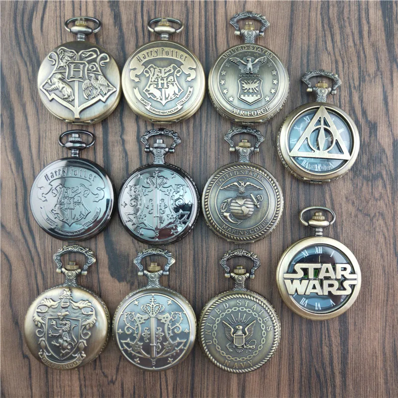 Magic School Themed Vintage Accessories Bronze Steampunk Necklace Quartz Pocket Watch With Chain for Party Decor Fans Gift