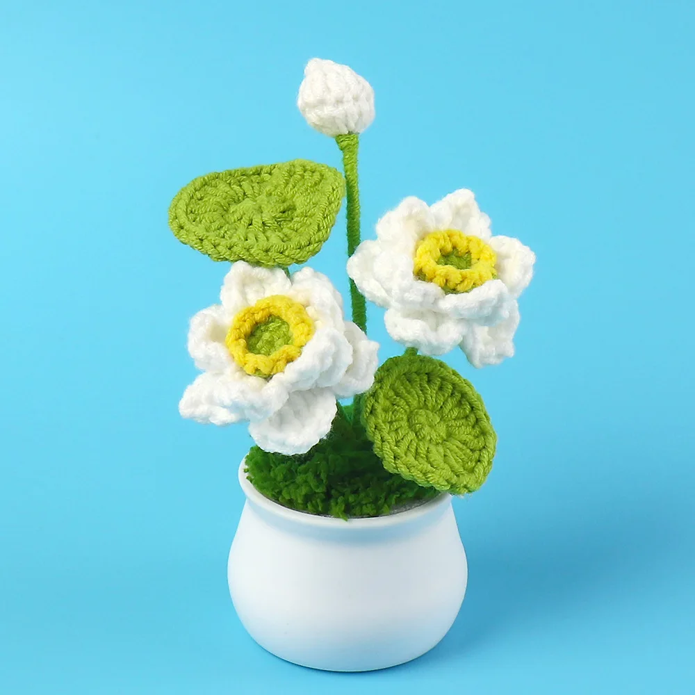 Wholesale Hand-woven Flower Bonsai Stems Floral Decor Artificial Plants Knitted Flower Bonsai Finished Crochet Lotus Mini Pot