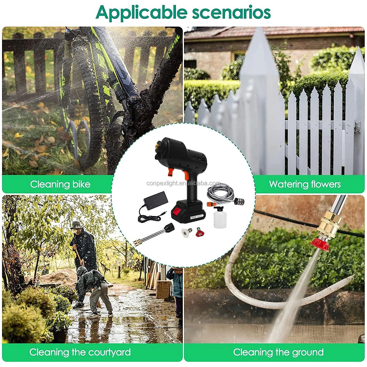 Conpex Wireless Portable High Pressure Handheld Car Washer Cordless Water Car Wash Gun for Car Wash