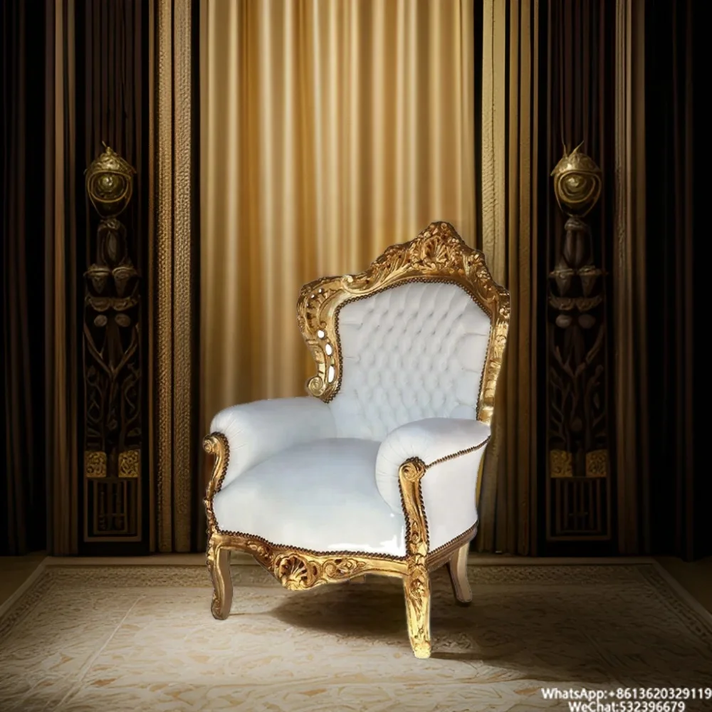 Antique King Throne Chair Solid Gold Wood Carved Mahogany High Back Classic Design for Hotel Furniture Wedding Banquets Dining