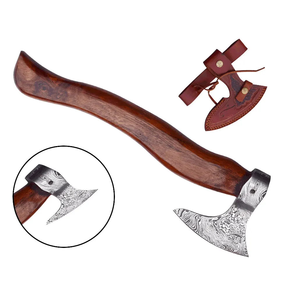 Handmade Damascus Steel Axe with Carbon Stainless Steel Axe Head Wooden Handle Hatchet for Camping and Cutting Applications