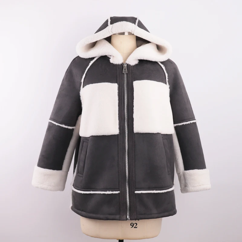Wholesale fake fur PU leather  jackets for women faux wool   clothes hooded coat factory