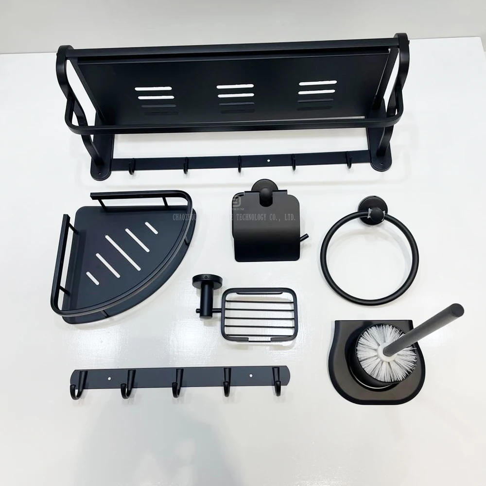 Hotel Modern Wall Mounted Stainless Steel Toilet Accessories Black Bathroom Accessories Set